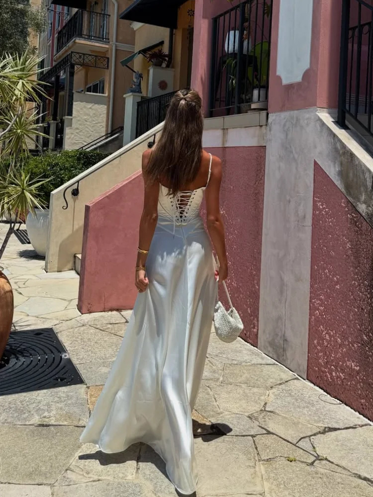 Elegant White Satin Drawstring Tie Backless Long Dress Women High Waist Square Neck Slim Sling Dresses 2025 Sexy Beach Robes 250226