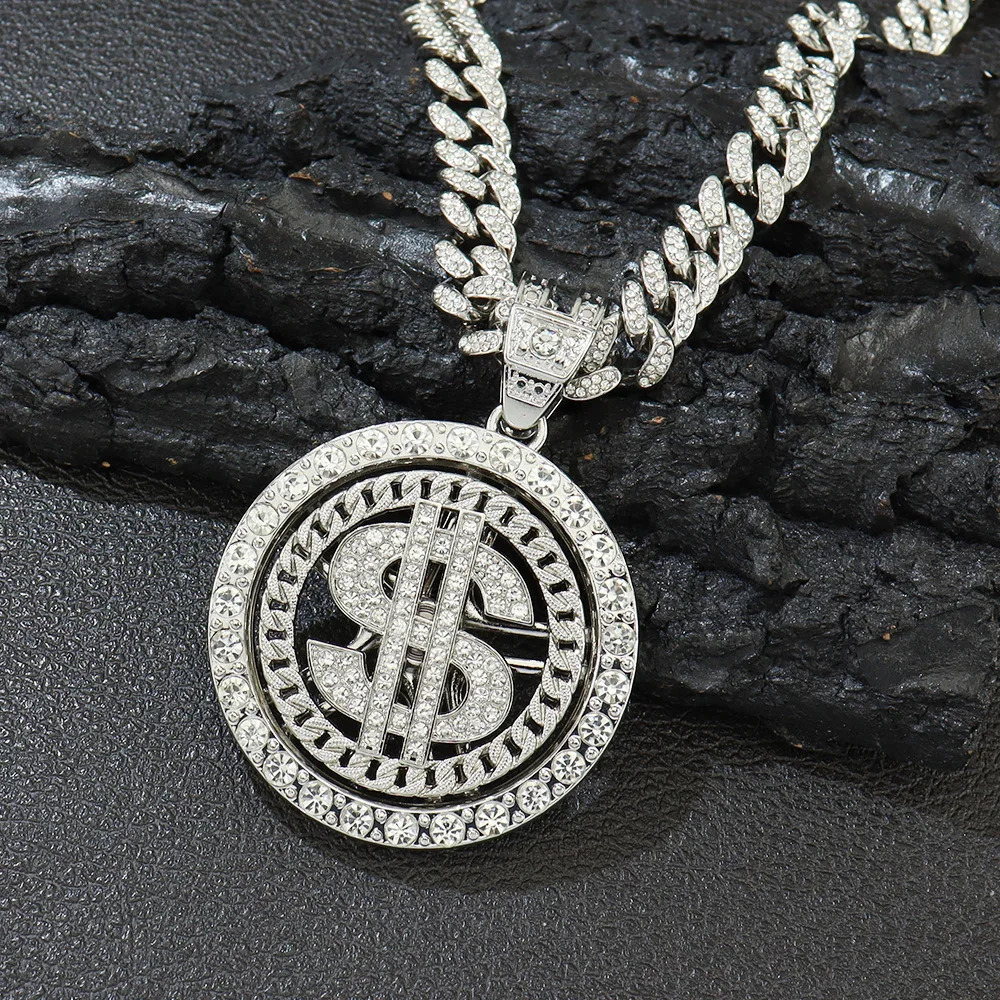 Men Hip Hop Big Rotatable US Dollar Money Sign Pendant Necklace 13mm Iced out Cuban Chain Choker Necklace Rap Rock Charm Jewelry 250227