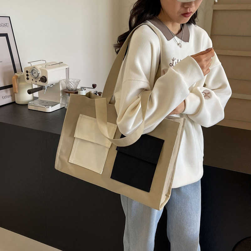 Casual canvas bag for women, fashionable, large capacity, portable shopping bag for going out, class commuting, shoulder tote bag 250215