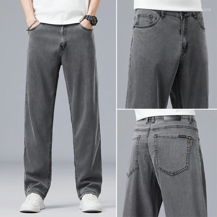 Men's Jeans Summer Lyocell Lightweight Denim Pants Men Super-soft Stretch Loose Straight Jean Mens Classic Fit Gray Trousers Male