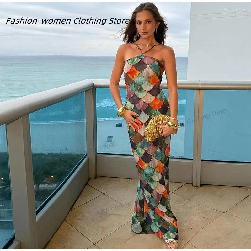Chic Fish Scale Print Halter Backless Maxi Dress Women Sexy Sleeveless Bodycon Contrast Vestidos Summer Vacation Beach Dresses