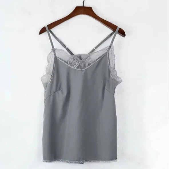 Women Tops Elegant Tank Top Tube Silk Satin Camisole Plain Strappy Vest Sleeveless Blouse French Tuning Delicate Lace 250227