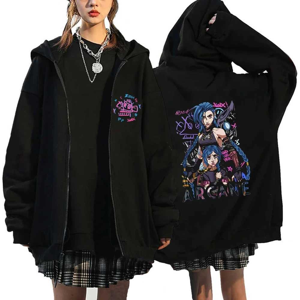 Arcane-Jinx Zip Up Hoodie Graphic Anime Sweatshirt Women Men Tracksuit Aesthetic Jacket Manga Casual Strtwear X250227