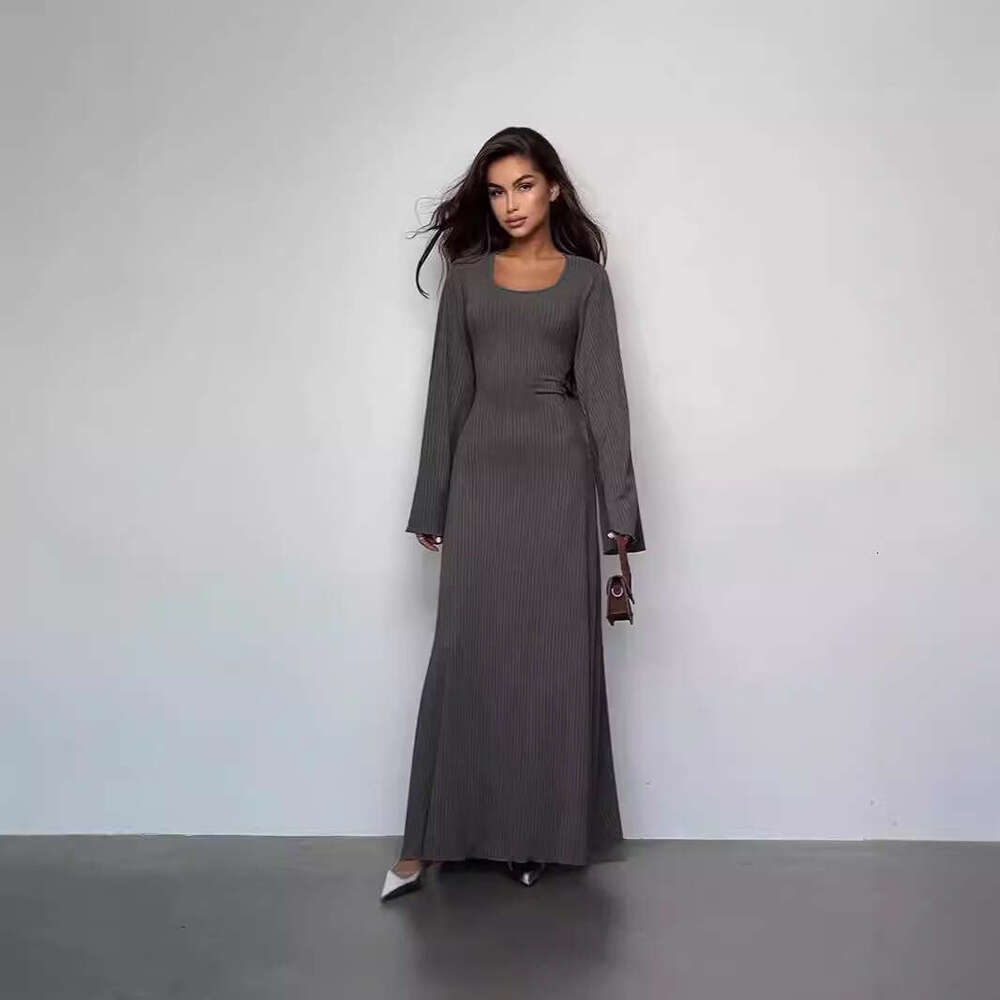 Women's autumn loose U-neck back strap long sleeved dress 2025 new casual fashion trend clothing