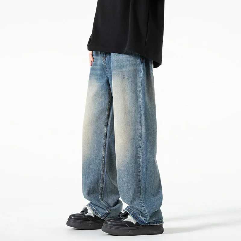 New Washed Jeans Street Trousers Male Denim Pants Solid Color Wide Leg Pant Button Casual Streetwear Hip Hop Heavy Metal Style X250227