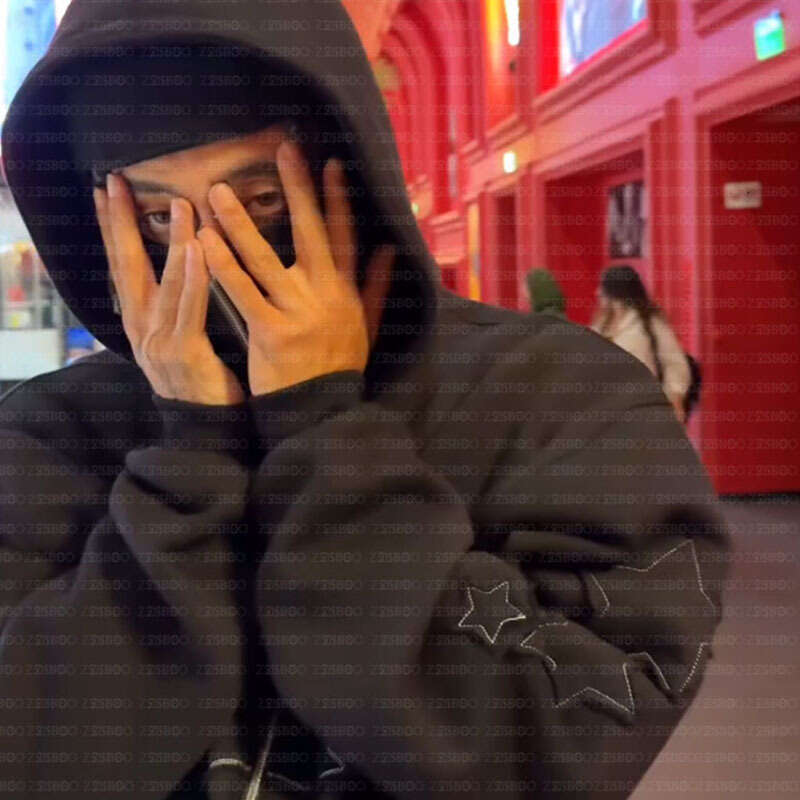 Daily personalized zipper, star patch fabric, casual cardigan, dark pocket top, hooded sweatshirt, autumn and winter hoodie