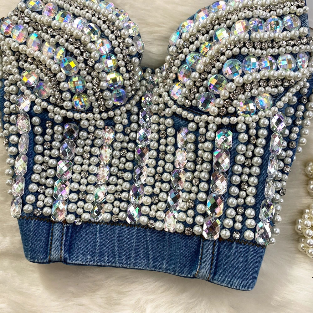 Womens Summer Denim Camisole Corset Top Build In Bra Crystal Diamonds Pearl y Jeans Tops High Street Club Party Nightwears 250226