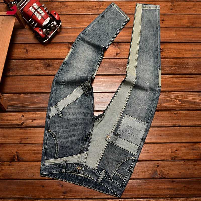 High-End Trendy Jeans Mens Stitching Patchwork Fashion Stretch Slim-Fitting Ankle-Tied Trendy Brand In Pants X250227
