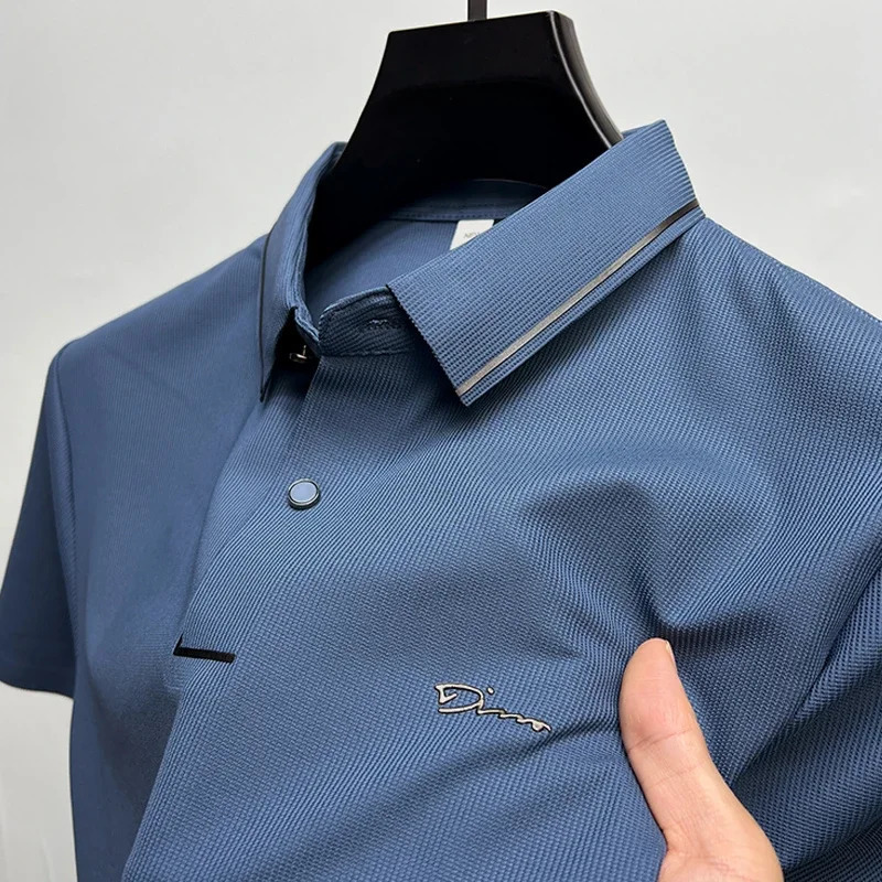 Summer Quality Mens Polo Shirt Lapel Print T-shirt Ice Silk Short Sleeve No Trace Casual Split Breathable Mens Wear Top 250225