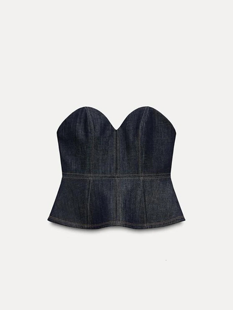 Vintage Denim Pant Sets 3 Pieces For Women Cinched Waist Blazer Strapless Vests Straight Trousers 2025 Jeans High Street Outfits 250226