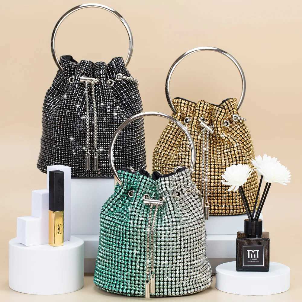 New Arrival Rhinestone/Sequin Bucket Bag with Jewelry Set Women Silver Bling Evening Handbag Glitter Diamond Cell Phone Purse T250227