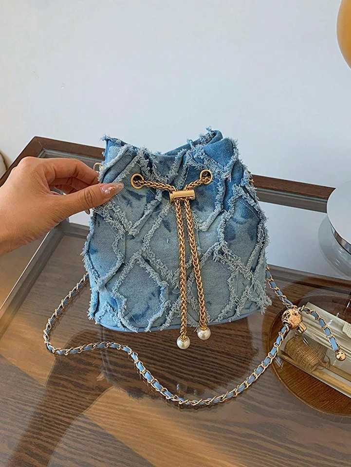 Womens solid color plaid vintage denim crossbody bag pull rope open and close suitable for womens daily travel-llXJ250227