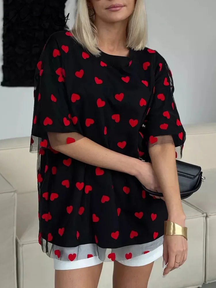 Summer Oversized Mesh T Shirt Women Short Sleeve Red Heart Tulle Top Tees Casual Loose Cotton Chic Two Piece T-Shirt For Women 250226