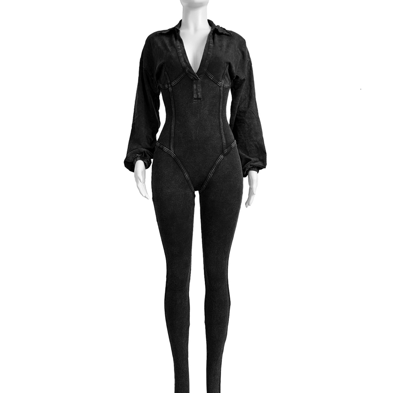 Women Jumpsuits 2026 New Fashionable Washed And Aged Sexy Deep V Tight Long Sleeved Autumn And Winter Jumpsuit