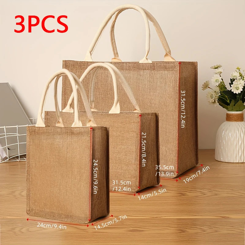 Ship from US 3PCS Pure Color Vintage Faux Hemp Large Capacity Womens Handbag Fashion Reusable Lining Waterproof Shopping Bag Party 250227FBB