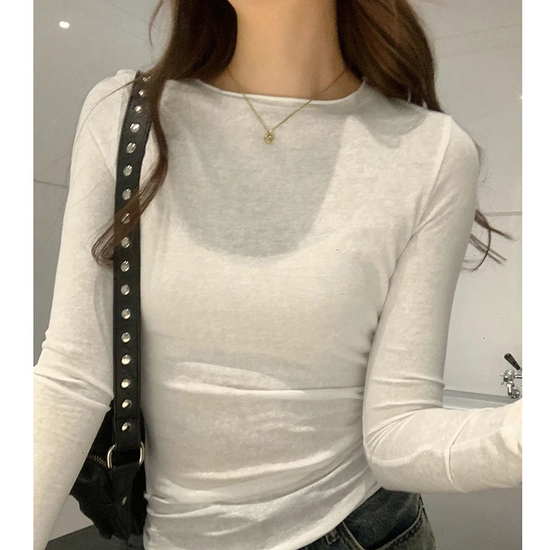 SpringAutumn Womens Tshirt solid ultrathin suitable for long sleeved Oneck womens casual streetwear highquality underwear 250226