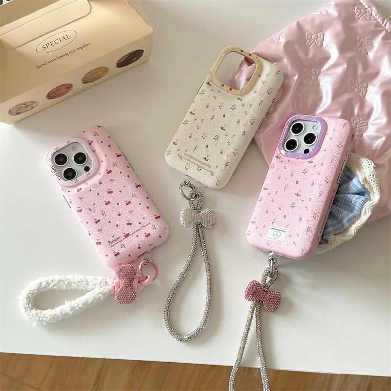 Korean Cute Flower Cherry Case for iPhone 16 Pro 13 14 15 Pro Max Phone Cover with Bow Hand Strap Protective Case for Girls Z250227