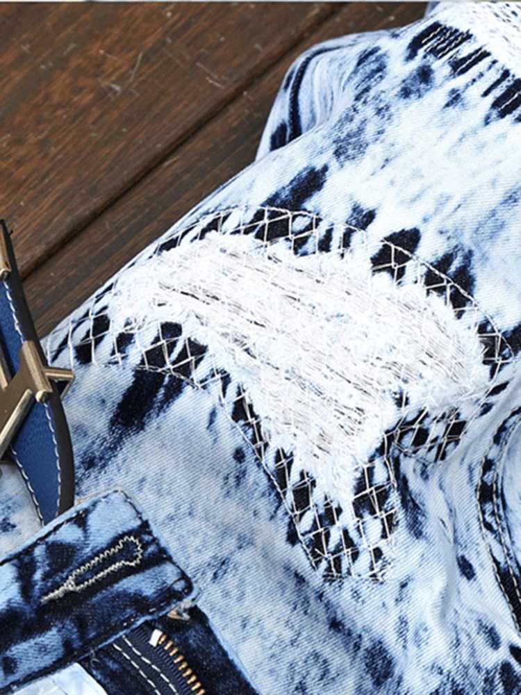 Patchwork Jeans Denim Straight Large Size Mens European and Tide Pants Light Color American Embroidery Hole Stitching X250227