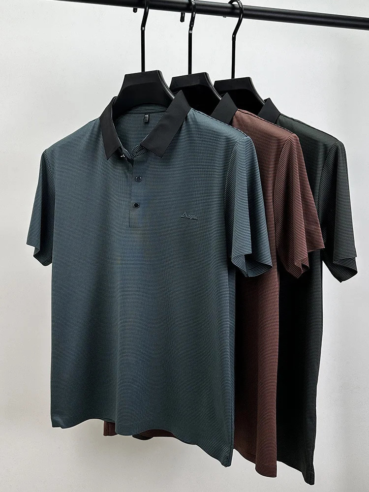 High end ice silk short sleeve T-shirt mens summer fashion plaid letter for cool and breathable casual POLO shirt 250225