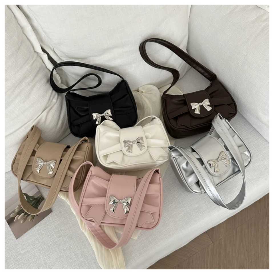 Korean Bow Pleated Shoulder Bag For Women 2024 Spring Summer New Armpit Bag HandbagXJ250227