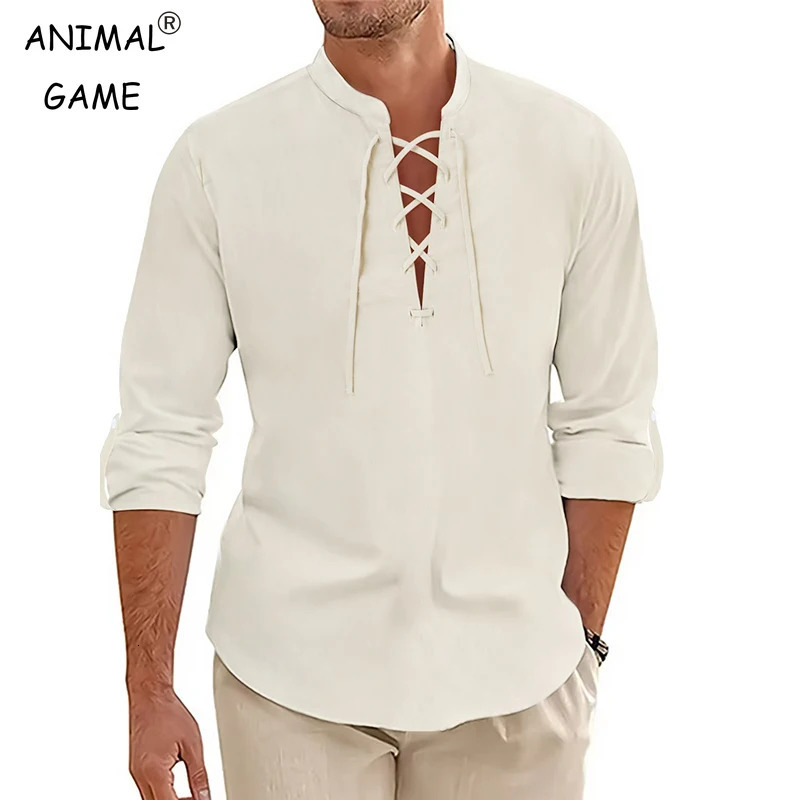 Mens Long Sleeved Vintage Shirt Medieval Viking Top Cotton Shirts Men Halloween Costume Breathable Mens Tshirts Yoga Shirts 250224