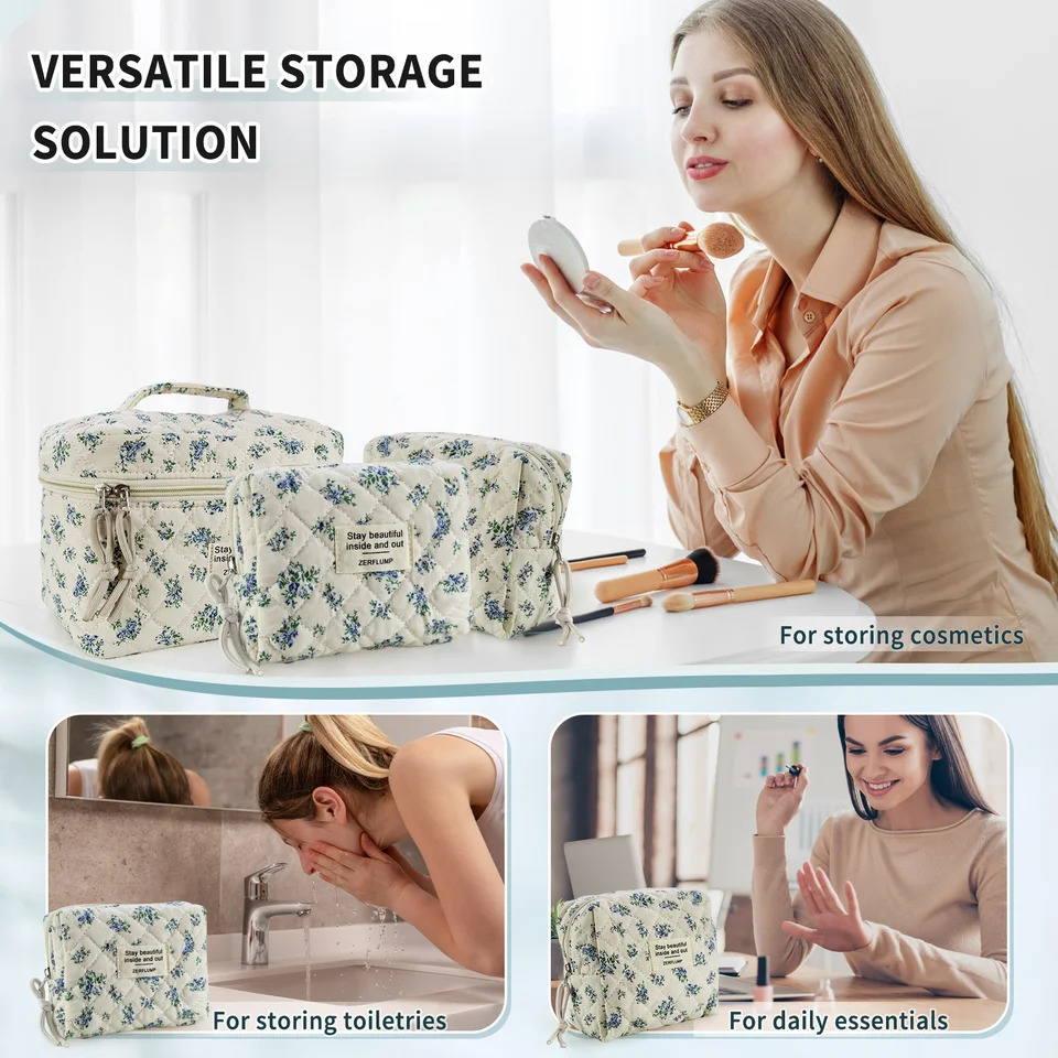 Ship from US Cute Quilted Floral Makeup Bag3PcsCoquette Aesthetic Cosmetic BagTravel Toiletry Bags Kawaii pouch for Women 250227FBB