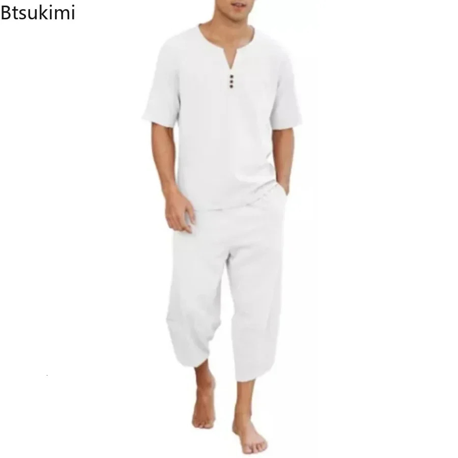 Mens Hip Hop Cotton Linen Sets Comfort Breathable Men Casual Sport 2 PCS Sets Fashion V-neck Short Sleeve TopsPants Suit 250222