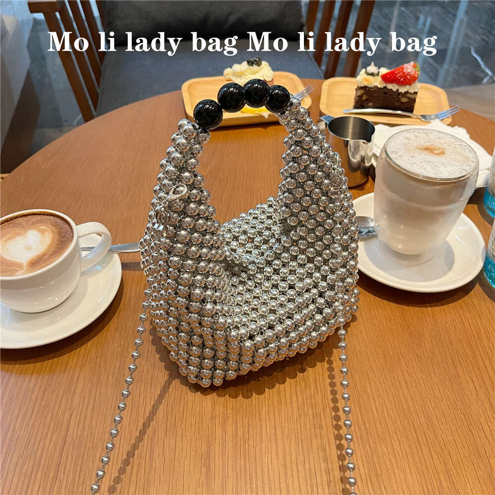 Women's Bags fashionable and high-end silver sparkling bead hand woven Boston handbag diagonal cross bag