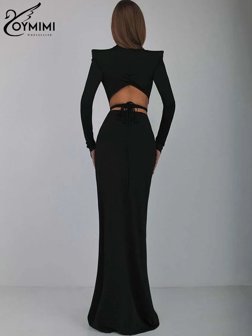Oymimi Elegant Black Ultra Thin 2piece Womens Dress Sexy Long Sleeve Lace Open Back TightFloor Length Mermaid Tight 250226