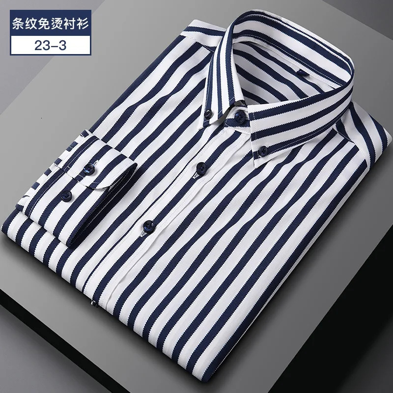 Mens long sleeve shirt spring and summer plaid stripes free ironing business casual slim solid color thin model 250226