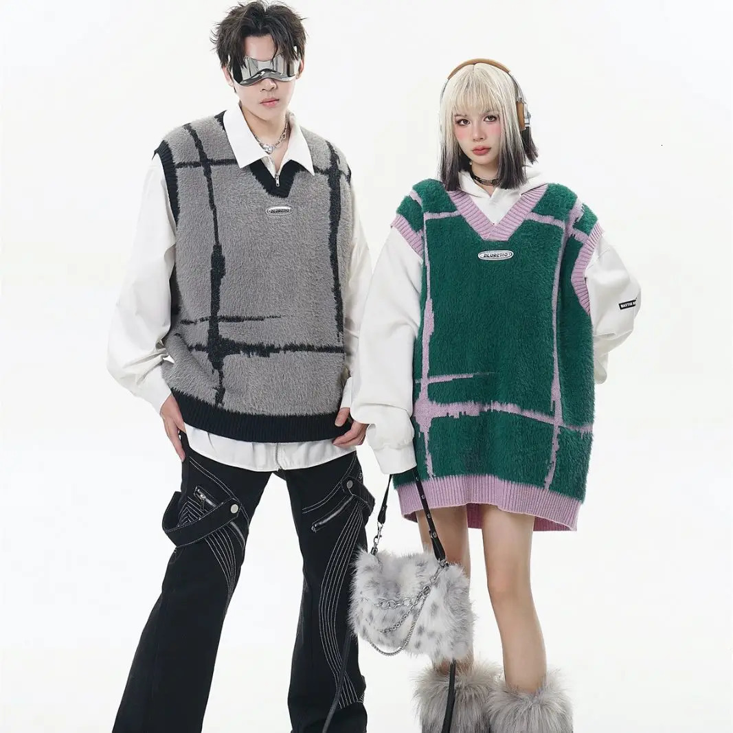 Harajuku Street Trend Stripe Splicing Vneck Knitted Sweater Couple Style Jacquard Checkered Sleeveless 250225
