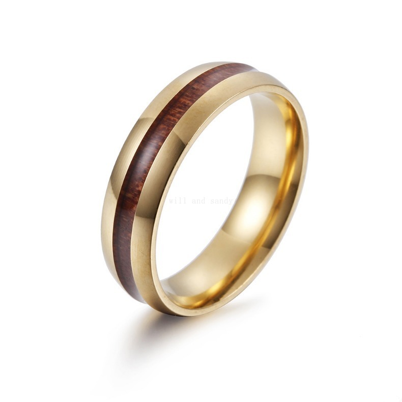 6MM Inlay Stainless Steel Wood Rings Band Tail Mens Engagement Wedding Ring for Men Gold Silver Black Hip Hop Jewelry