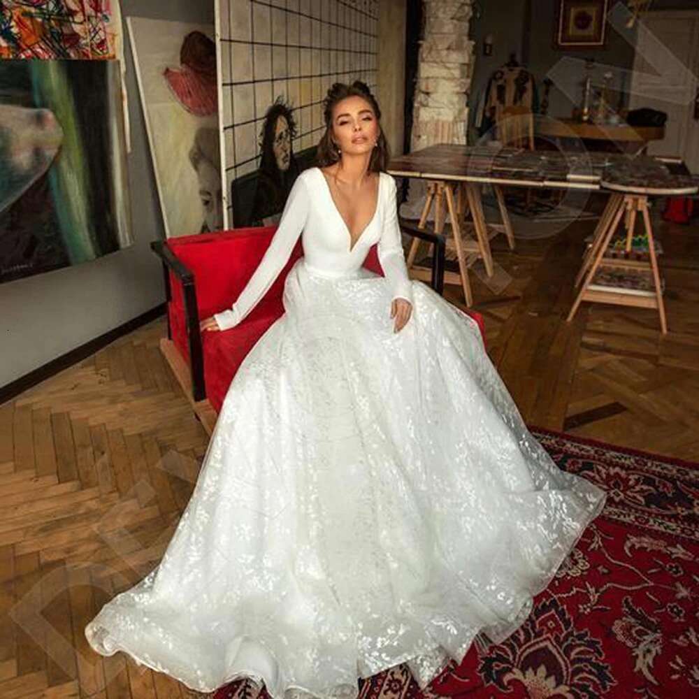 Elegant Lace Appliques Wedding Dresses A E Sexy V Neck Long Sleeves Satin Backless Bridal Gowns Vestidos De Novia Customized