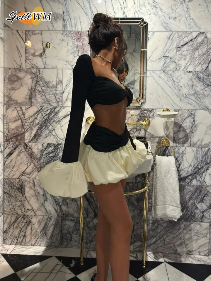 Sexy Contrasting Cropped Chest Wrapped Top Suit White Pleated Hem Short Bud Skirts Sets Elegant Lady Party Club Womens Clothes 250226