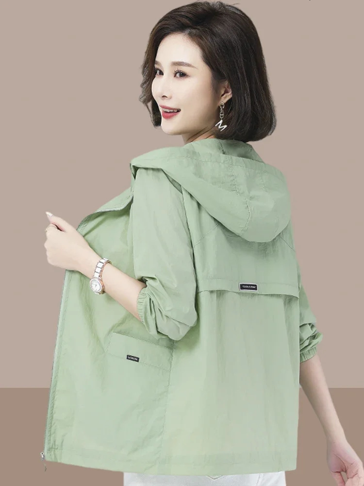 Womens summer thin solid color jacket womens sun protection hooded loose UV Z894 250227