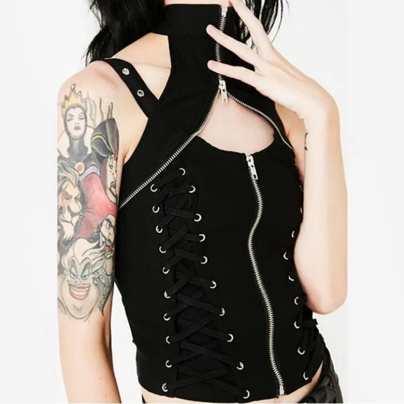 Y2k Dark Punk Gothic Corset Vest Women High Waist Bandage Crop Tank Tops Streetwear Emo Alt Harajuku Halter Rave Outfits 250226