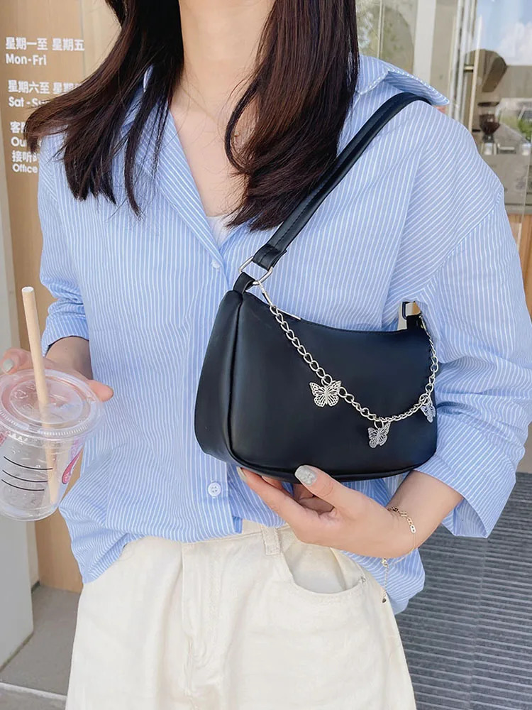 Ship from US Stylish Butterfly Chain Shoulder Shopping Bags Women Small Pure Color Handbags Daily PU Leather Underarm 250227FBB