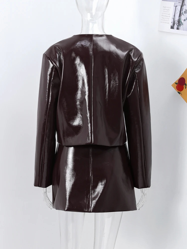 Fashion PU Leather Jacket Skirts Suits Women Long Sleeve Button Coat Hip Package Mini Skirt Autumn Street Y2k 2 Piece Set 250226
