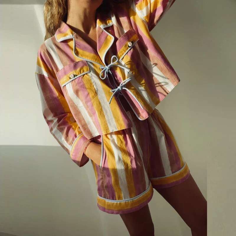 Haruku Fashion Ral Print Short Sets Women Spring Turn-Down Collar Lace-Up Bowknot Suit Autumn Long Sleeve Two Piece Outfits