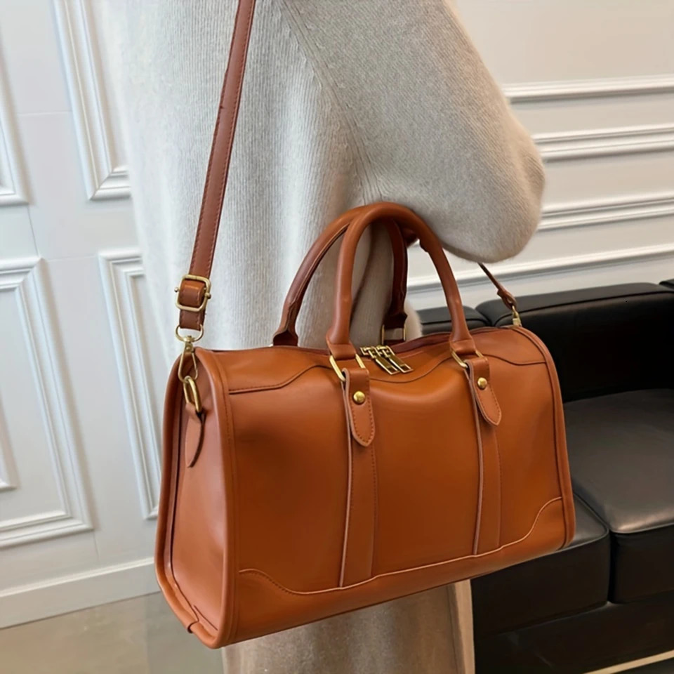Ship from US Elegant Vintage Boston Bag Chic PU Leather with Removable Strap Secure Zip Perfect for Womens Daily Style and Travel w250227FBB