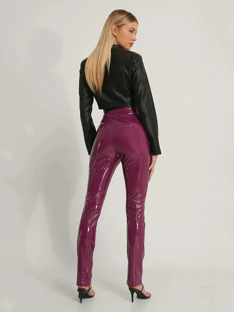 Women Shiny Patent Leather Pencil Pants High Waist Faux Latex Stretch Trousers Ladies Vintage Slim PU Leggings Clubwear Custom 250226