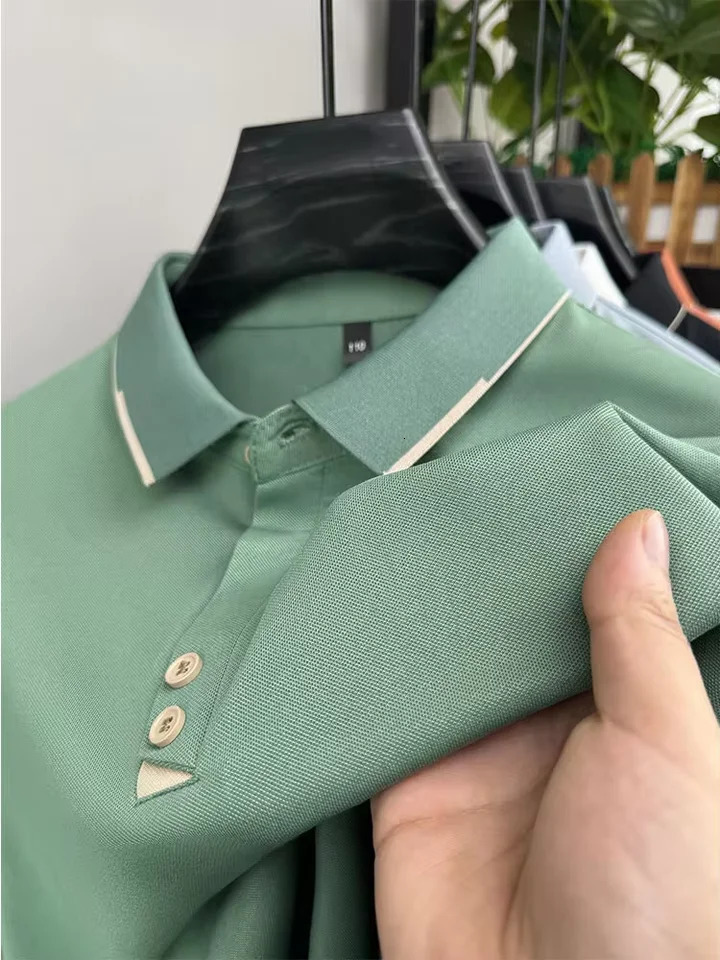 High quality ice silk short sleeve T-shirt mens summer fashion solid color lapel top cool breathable casual POLO shirt 250225