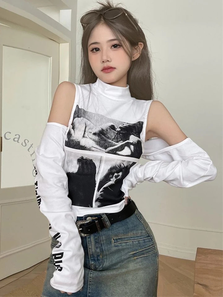 Zoki Sexy Cropped Y2K T Shirts Women Hollow Out with Sleeves Slim Tops Vintage American Harajuku Turtleneck Female Punk Tees 250226