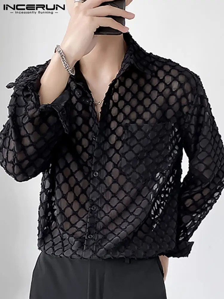Handsome Well Fitting Men Blouse Vacation Hollow Out Stitching Male Breathable Mesh Long-sleeved Shirts S-5XL INCERUN Tops 250222