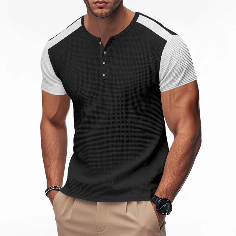 2025 Spring/summer New Large Men's Oversized Waffle Color Blocked T-shirt Henry Shirt