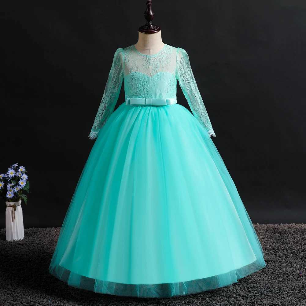 Girl's Dresses Spring New Ankle Length Lace Long Sleeve Ruffle Long Dress Piano Party Performance Costume Little Girl Princess Dress Y250227NC0S