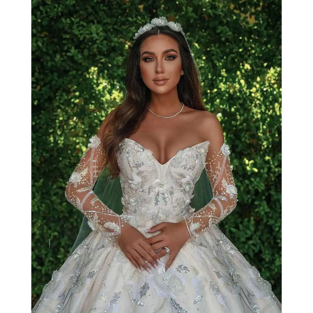 Wedding Dresses with 3D Appliques, Ball Gown, Lace, Sequin Sleeves, Backless, Pleated, Cut, Custom Dress