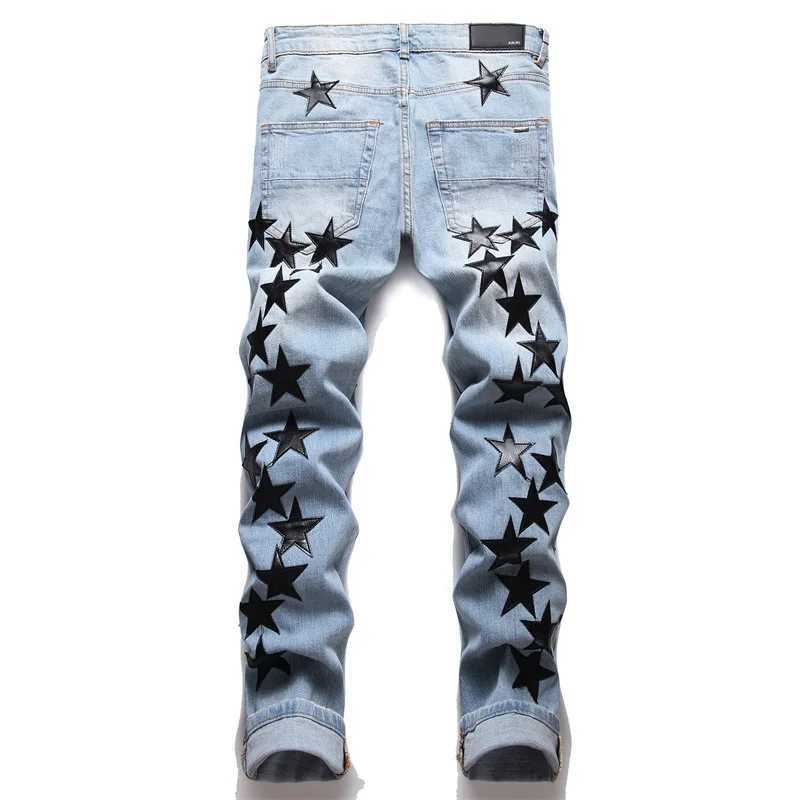 Mens high street new ripped stars patch jeans mens fashion slim feet full of stars stretch jeans male trend X250227