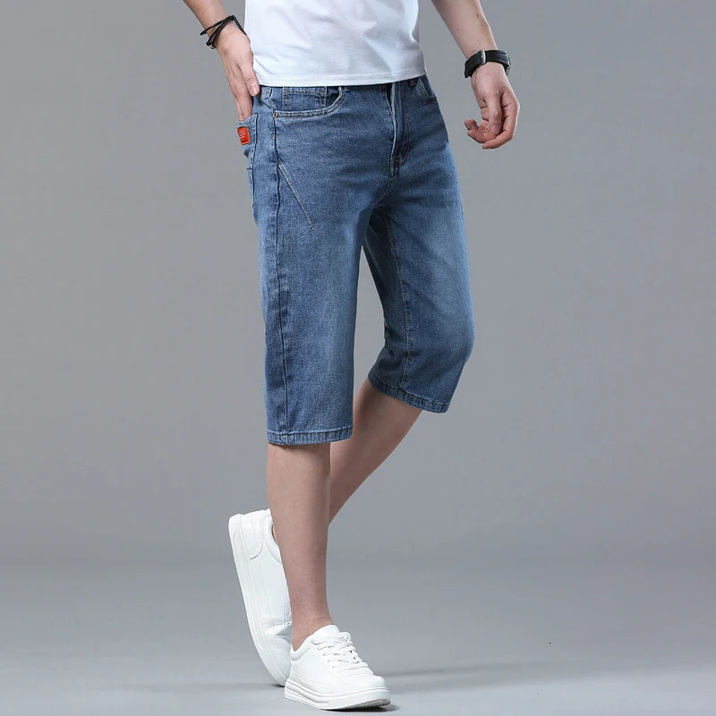 Summer Style Mens Appliques Denim Shorts Blue Black Loose Straight Stretch Casual Jeans Shorts Men Clothing 250226