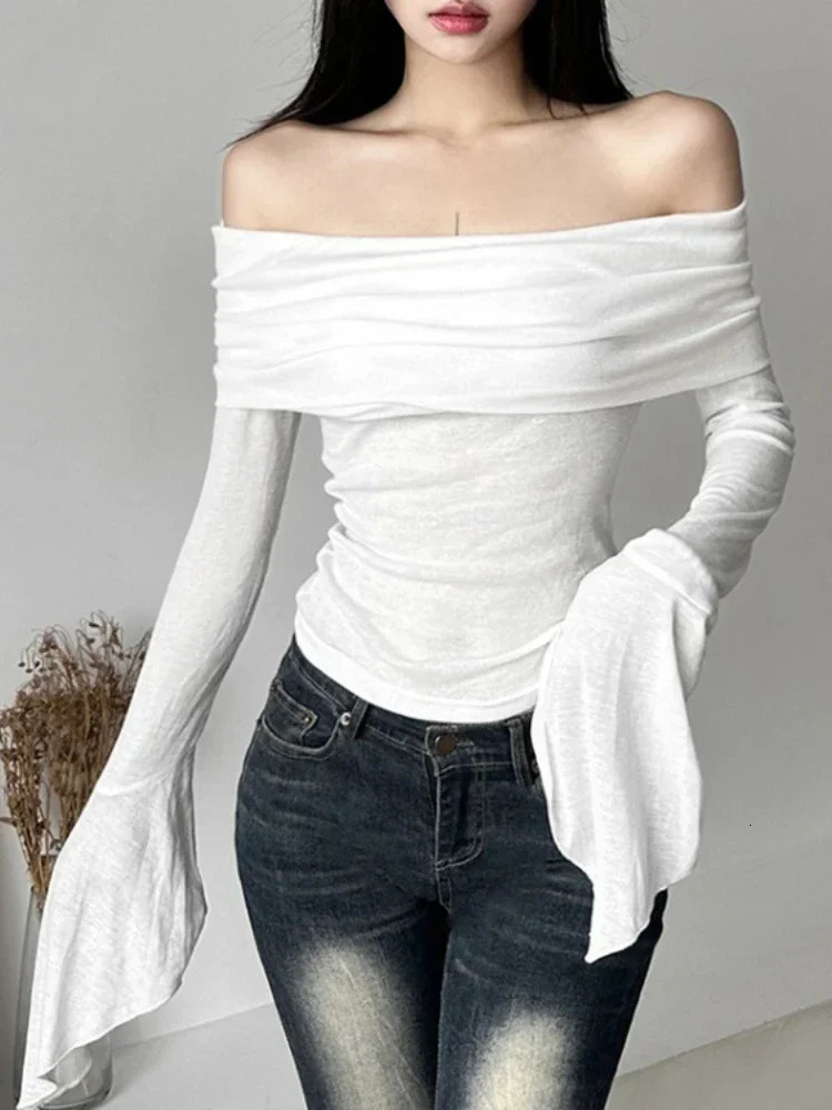 Y2k Aesthetic Women Translucence Tee Shirts Slash Neck Long Sleeve Solid Casual TShirts Vintage Off Shoulder Sexy Cute Tshirts 250226